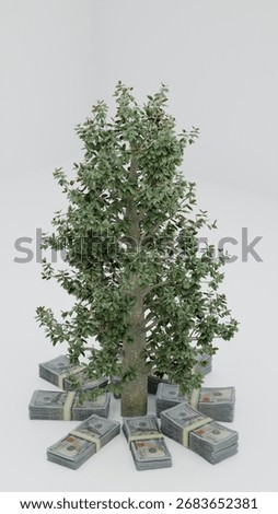 A render of a tree with stacks of US dollar bills placed at its base on a light gray background symbolizing finance business success prosperity and the idea of a money tree
