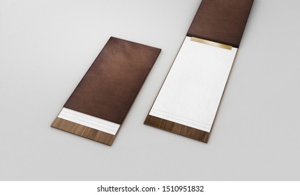 Render Of Two Wood And Leather Long Menu Tablets