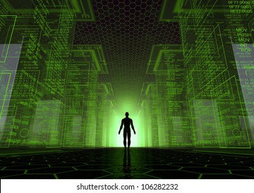 Render Of A Virtual World With A Man Between Giant Cubes