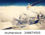 Render of a ww2 Supermarine Spitfire 3D model in flight after a victory over German plane on fire