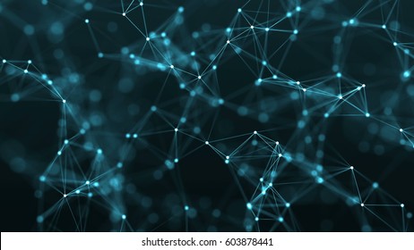rendered computer generated background. Triangles, dots and lines are connecting with shine on blur background. 