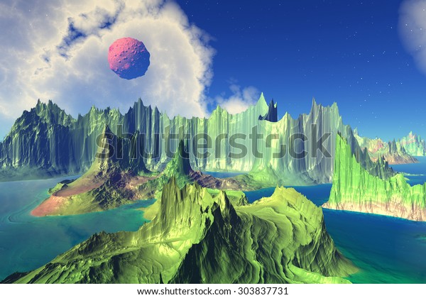 Rendered\
fantasy alien planet. Landscape wild\
planet
