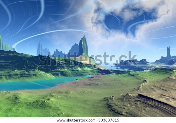 Rendered\
fantasy alien planet. Landscape wild\
planet