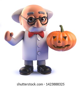 A Rendered Image Of A 3d Crazy Mad Scientist Character Holding A Halloween Pumpkin