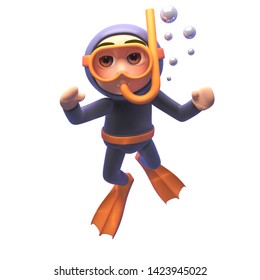 A rendered image of a cartoon 3d scuba snorkel diver character floats underwater