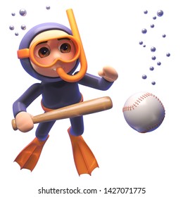 Rendered image of a cartoon scuba snorkel diver with baseball bat and ball, 3d illustration