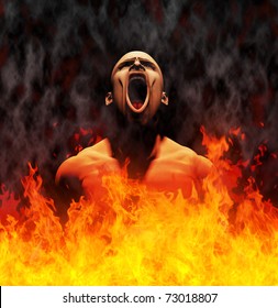 Rendered image of a man screaming in the flames of hell