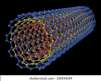 Rendered image of a multi walled carbon nanotube isolated on a black background