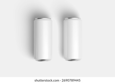 Rendered image showcasing two metallic beverage cans, ideal for presenting product branding Features a clean setup suitable for various design applications