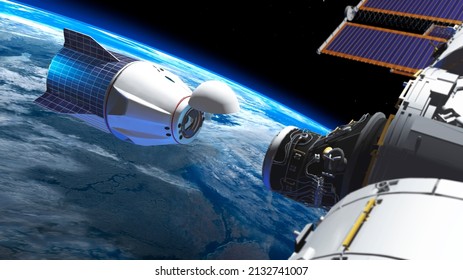 Rendering Of A 3d Illustration Of An American Capsule Docking With The Iss