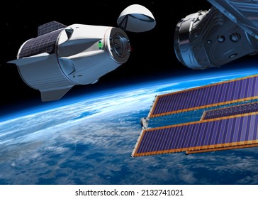 Rendering Of A 3d Illustration Of An American Capsule Docking With The Iss