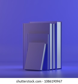 Rendering Of Blank Vertical Book Stack. 3D Design Mockup. All Objects And Background Painted In One Bright Colour. Full Monochrome Illustration. Total Blue Color.