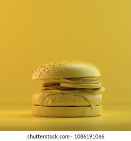 Rendering of burger. 3D design mockup. All objects and background painted in one bright colour. Full monochrome illustration. Total yellow color.