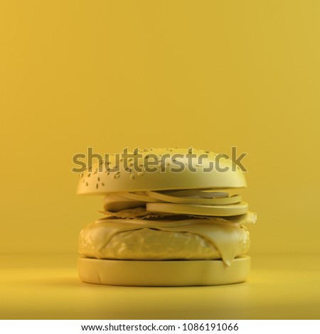 Rendering of burger. 3D design mockup. All objects and background painted in one bright colour. Full monochrome illustration. Total yellow color.
