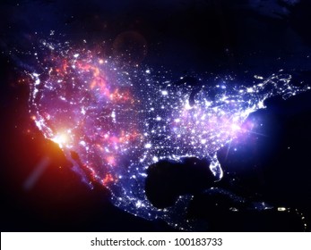 Rendering Of City Light Map Of The USA (courtesy Of NASA) And Abstract Lights On The Subject Of Technology In The Modern World