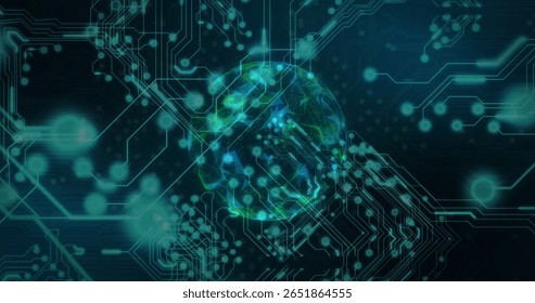 Rendering digital globe glowing with mesh facets in virtual cyberspace, with circuit traces. Technology, innovation, network, cyberspace, connectivity, data, futuristic