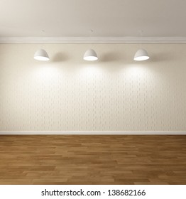 Rendering Of An Empty Room With High Quality Parquet Floor, Blank Brick Wall, , Hanging Lights On The Ceiling