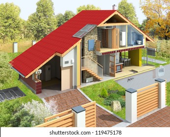Rendering of a house in a section with garden. Visible technology of home infrastructure.