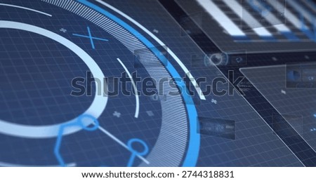 Rendering large circular HUD on-screen, showing concentric rings, radial ticks, data panels. Interface, dashboard, futuristic, digital, grid, cyan, blue