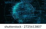Rendering luminous 3D data globe rotating in virtual deep-space display, with python code fragments. Data, visualization, neon, teal, futuristic, cyber, orbit