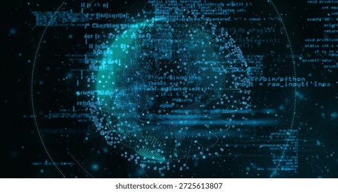Rendering luminous 3D data globe rotating in virtual deep-space display, with python code fragments. Data, visualization, neon, teal, futuristic, cyber, orbit