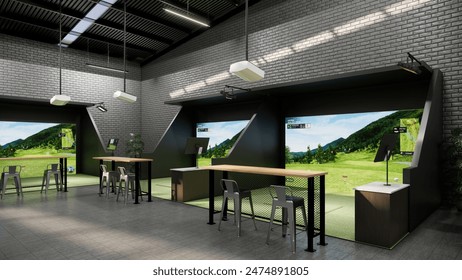 rendering of a modern indoor golf simulator with a hitting station, projection screen, and seating area - Powered by Shutterstock