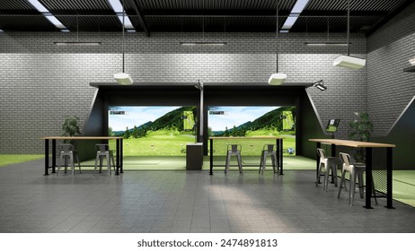 rendering of a modern indoor golf simulator with a hitting station, projection screen, and seating area