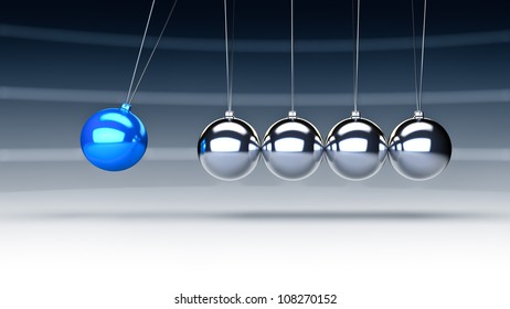 Rendering Of Newtons Cradle With A Blue Ball