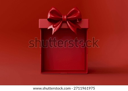 rendering of an open, empty red gift box with a large, glossy bow on the lid, set against a seamless red background.