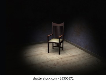 Rendering showing an empty dark and frightening room with a chair in the corner