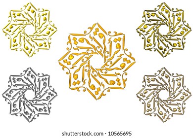Rendering, shows an islamic prayer in several different materials.