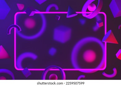 rendering of something in a neon frame on a background of polygonal objects with red and purple neon lights hitting each other. 3D Rendering