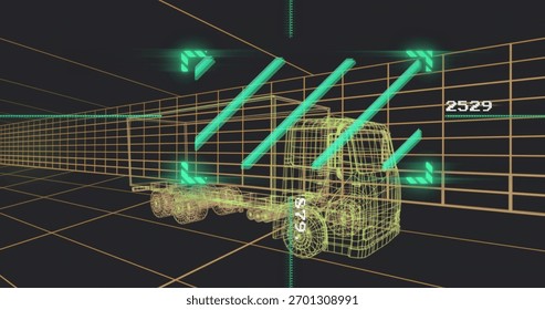Rendering wireframe semi-truck and trailer moving through orange grid corridor, with HUD 2529. Schematic, visualization, futuristic, vehicle, 3d, cad, neon