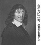 Rene Descartes (1596-1650) on engraving from the 1800s. French philosopher, mathematician, physicist and writer. Engraved by W. Holl and published in London by Wm. S. Orr  Co