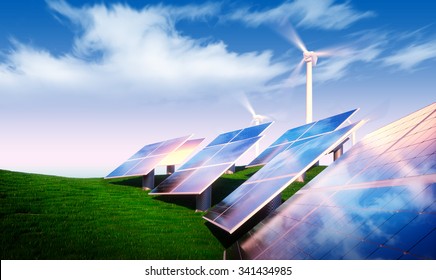 Renewable energy concept - photovoltaic with wind turbines in fresh nature