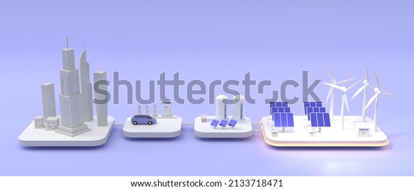 Renewable\
energy industry with wind turbines, solar panels, hydrogen storage\
tanks and battery. Eco green city with electric car on charger\
station. Isometric 3d mockup smart grid\
system