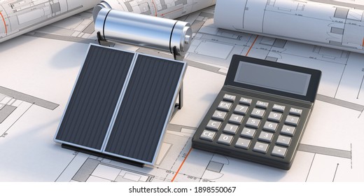 Renewable Energy Source Design Cost Saving Concept. Solar Water Heating System And Caculator On Project Blueprint Background. 3d Illustration