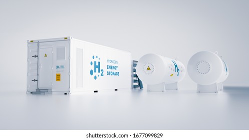 Renewable Energy Storage - Hydrogen Gas To Clean Electricity Facility Situated 
On White Background. 3d Rendering.