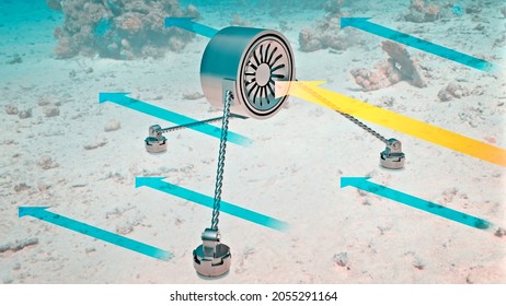 Renewable Energy, Tidal Power. Ocean Waves, Current Energy Power. Waves Energy Converters. Turbine That Stores The Energy Of Sea Currents. 3d Rendering