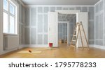 Renovation and modernization with drywall plaster in a walk-through room (3D Rendering)