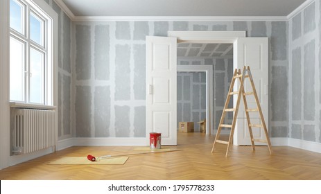 Renovation and modernization with drywall plaster in a walk-through room (3D Rendering)