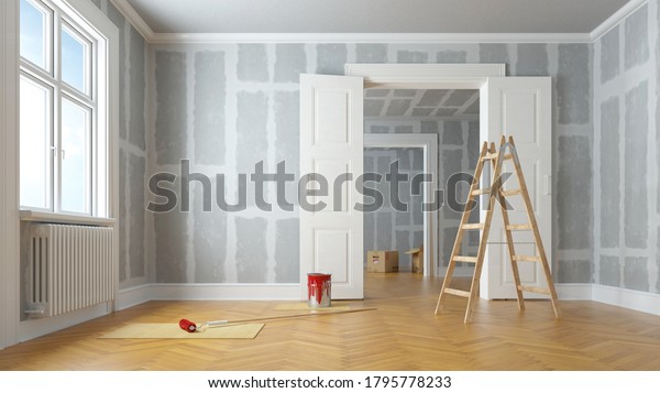 Renovation and modernization with drywall\
plaster in a walk-through room (3D\
Rendering)