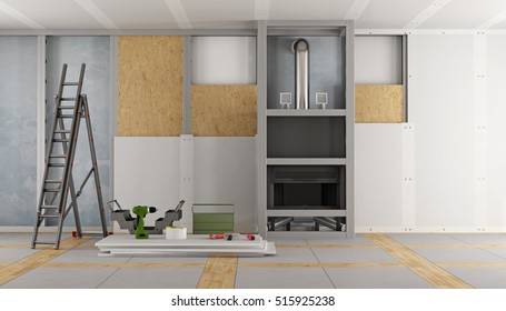 Renovation Of An Old House And Fireplace Paneling With Drywall Panels 3d Rendering