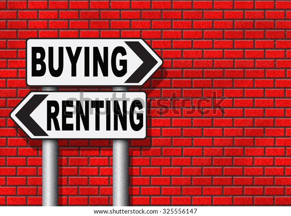 rent\
or buy mortgage for bank loan for home ownership renting or buying\
a house a flat building or property road sign arrow\
