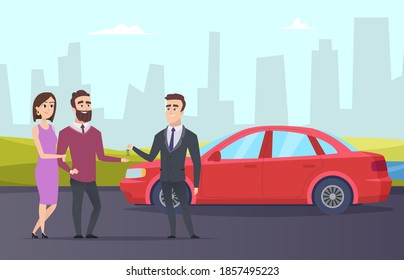 Rent car. Couple rents a car from rental agent. cartoon character people and city landscape - Powered by Shutterstock