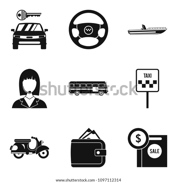 Rent car icons set. Simple set of 9 rent\
car icons for web isolated on white\
background
