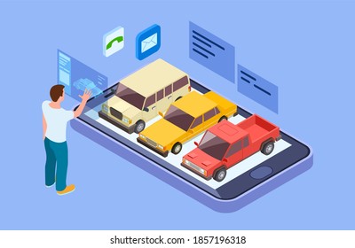 Rent Car Online. Isometric Buy Car With Online Phone App. Man Chooses A Vehicle Concept