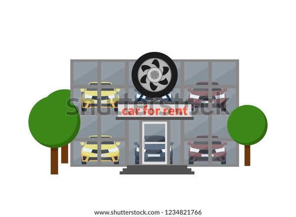 Rental business icon with car showroom isolated\
on white background illustration. Car for rent symbol, renting car\
service in flat\
design.