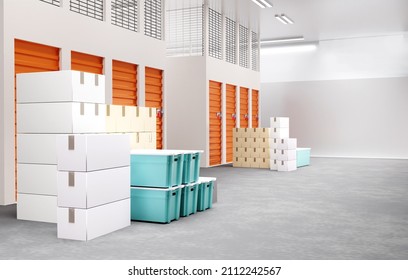 Rental Storage Room. Boxes At Entrance To Storage Room. Warehouse Premises. Warehouse For Safekeeping. Empty Room With Various Boxes. Closed Doors In Storage Units. Warehouse Container. 3d Image.