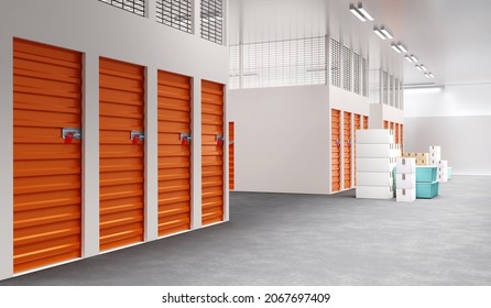 rental storage room. Identical doors to storage rooms. Three-dimensional interior of warehouse company. Storage Units rental company. Homogeneous warehouse container along wall. 3d image.